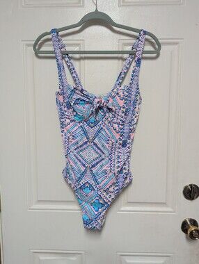 SUNSEEKER Pink  Blue  Geometric One Piece Swimsuit Underwire  Women's Sz 6 D cup